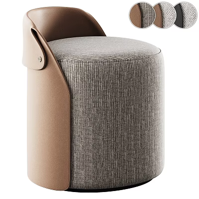 Modern Round Stool with Gray Fabric Cushion Brown Leather Accents and Metal Button Details 3d model