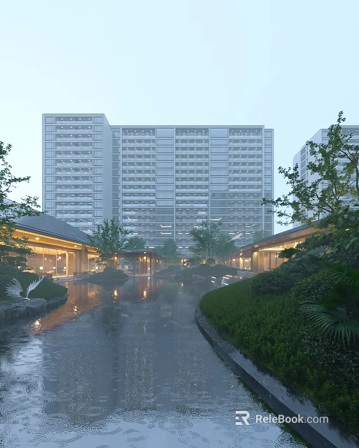Scenic Landscape with Modern Tall Buildings Garden Water Pond Green Plants and Pavilions 3d model 
