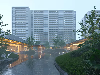 Scenic Landscape with Modern Tall Buildings Garden Water Pond Green Plants and Pavilions 3d model