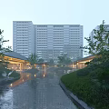 Scenic Landscape with Modern Tall Buildings Garden Water Pond Green Plants and Pavilions