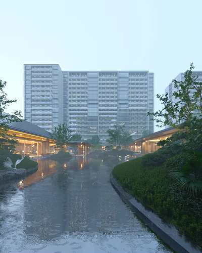 Scenic Landscape with Modern Tall Buildings Garden Water Pond Green Plants and Pavilions 3d model