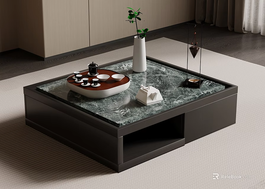 Modern Coffee Table with Green Marble Top Dark Frame and Decorative Vase Tea Set 3d model 
