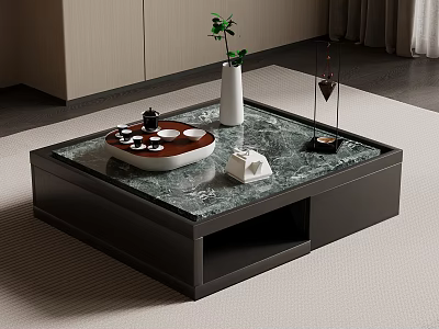 Modern Coffee Table with Green Marble Top Dark Frame and Decorative Vase Tea Set 3d model