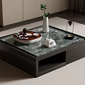 Modern Coffee Table with Green Marble Top Dark Frame and Decorative Vase Tea Set 3d model