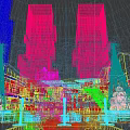 Illuminated Night View of Urban Plaza with Tall Buildings Giant Panda Christmas Trees and Gifts