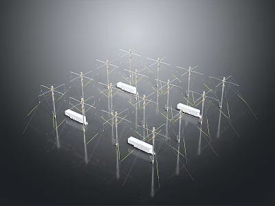 Array Of Communication Antenna Structures With Metal Poles And Support Cables Setup 3d model