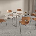 Modern Glass Top Dining Table And Six Chairs Set With Wooden Backrest And Metal Legs
