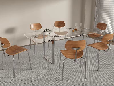 Modern Glass Top Dining Table And Six Chairs Set With Wooden Backrest And Metal Legs 3d model