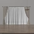 Modern Double Layer Curtains With Beige Outer And White Sheer Tied With Straps Wooden Floor And Pendant Light