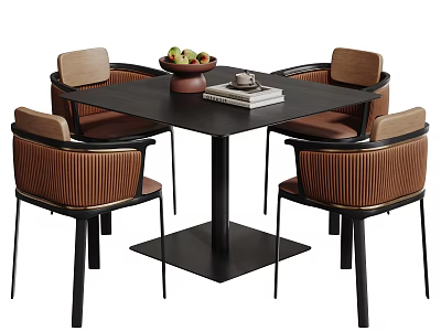 Modern Square Black Dining Table and Chair Set with Brown Woven Design and Fruit Bowl 3d model