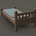 Single Bed With Wooden Slatted Headboard Blue Blanket And Light Colored Pillow