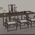 Modern Chinese Style Wooden Tea Table and Chairs with Tea Set and Potted Plant