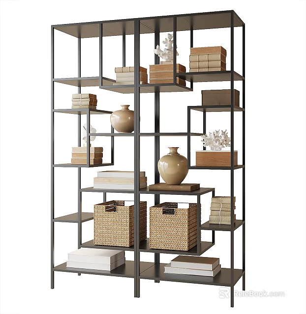 Modern Multi Tiered Bookshelf With Ceramic Vases Stacked Books And Woven Baskets 3d model 