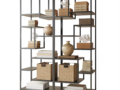 Modern Multi Tiered Bookshelf With Ceramic Vases Stacked Books And Woven Baskets 3d model