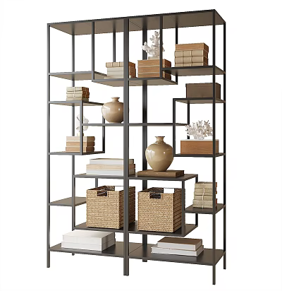 Modern Multi Tiered Bookshelf With Ceramic Vases Stacked Books And Woven Baskets 3d model