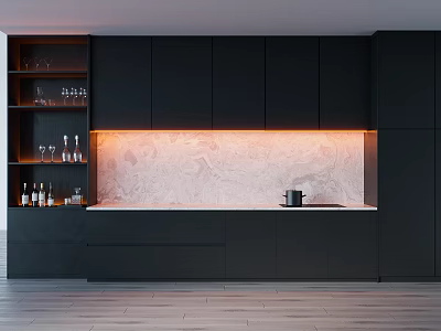 Black Kitchen Cabinets In Modern Interior With Textured Backsplash 3d model