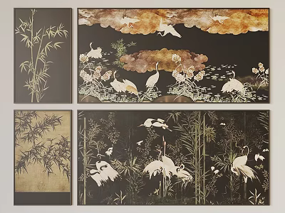 Decorative Paintings With Bamboo And Cranes For Elegant Interior Wall Art 3d model