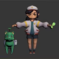 Woman Cartoon Character Wearing White Hat And Jacket Holding Green Leaf With Green Pig Companion