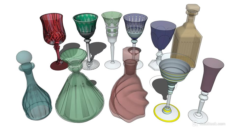 Colorful Wine Bottles and Glasses with Various Designs and Shapes on 3d model 