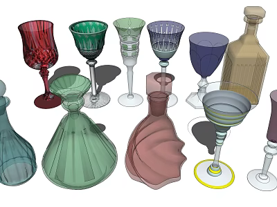 Colorful Wine Bottles and Glasses with Various Designs and Shapes on 3d model