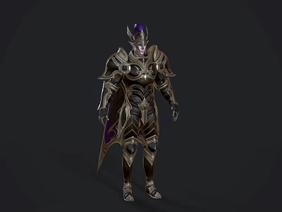 Fantasy Game Movie Character Armored Design with Purple Accents Detailed Armor and Cloak 3d model