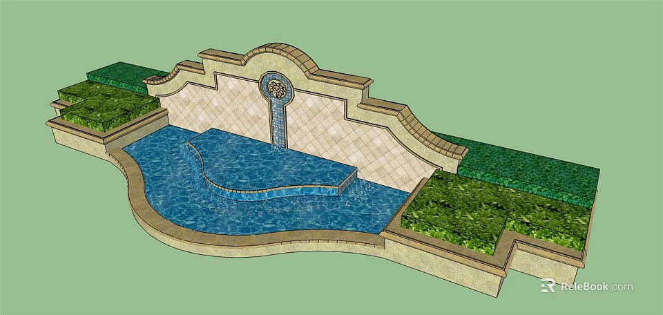 Garden Ornament Featuring Curved Water Pool Decorative Wall Circular Decoration And Green Plants 3d model 