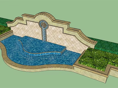 Garden Ornament Featuring Curved Water Pool Decorative Wall Circular Decoration And Green Plants 3d model