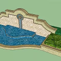 Garden Ornament Featuring Curved Water Pool Decorative Wall Circular Decoration And Green Plants