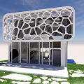 Modern Detached Villa With Honeycomb Exterior Glass Door Entrance And Lawn Stone Path