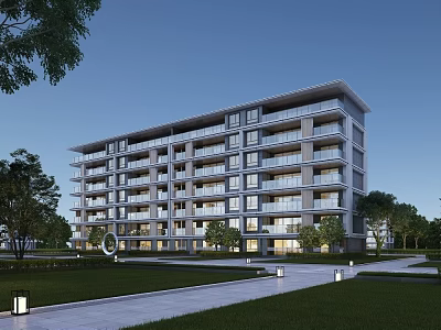 Modern Residential Building With Spacious Balconies Lush Greenery And Lawn Pathway 3d model