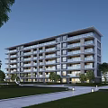 Modern Residential Building With Spacious Balconies Lush Greenery And Lawn Pathway