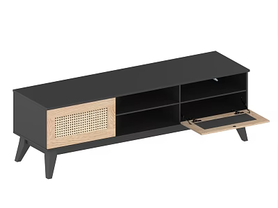 Modern TV Stand With Black Wood Finish Open Shelves And Drawer Storage Design 3d model