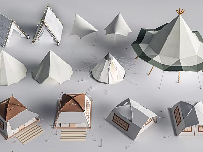 Various Stylish Tent Designs With Different Shapes Pyramid Tops And Window Details 3d model