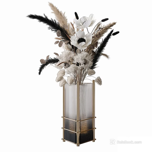 Gold Framed Striped Glass Vase with White Anemones Black Feathers and Dried Plants 3d model 