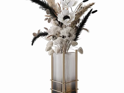 Gold Framed Striped Glass Vase with White Anemones Black Feathers and Dried Plants 3d model