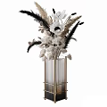 Gold Framed Striped Glass Vase with White Anemones Black Feathers and Dried Plants