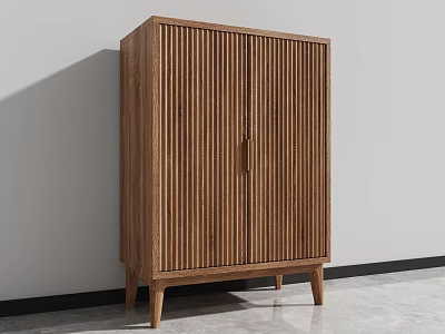 Modern Wooden Storage Cabinet With Vertical Stripes Double Doors And Metal Handles 3d model