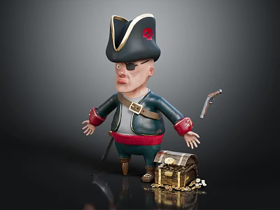 3D Cartoon Pirate Character With Treasure Chest Gold Coins Sword And Pistol 3d model