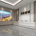 Sales Office Interior Featuring Building Model Large Map Chandeliers And Reception Area 3d model