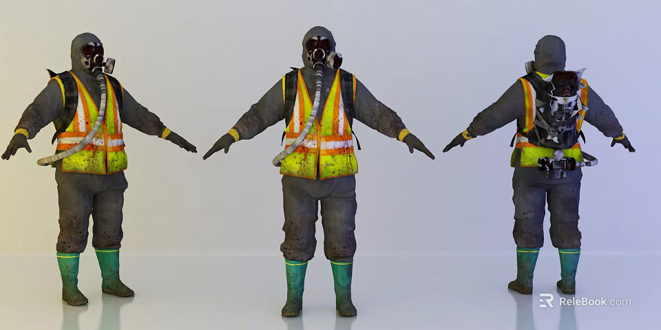 Man Wearing Gas Mask High Visibility Vest And Protective Suit Displayed In Different Angles 3d model 