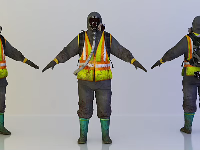 Man Wearing Gas Mask High Visibility Vest And Protective Suit Displayed In Different Angles 3d model
