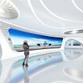 Modern Exhibition Hall With Curved White Ceiling Circular Light And Large Airplane Scene