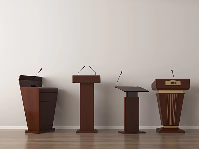 Four Wooden Podiums With Microphones Against White Wall And Wooden Floor 3d model