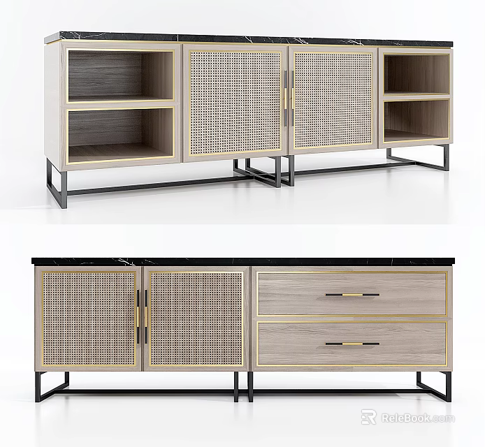 Modern Entryway Console Table And Side Cabinet With Woven Doors Metal Legs And Drawers 3d model 