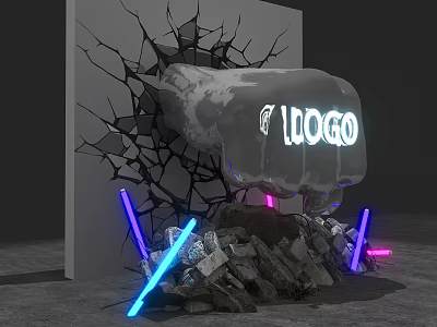 Fist Breaking Through Cracked Wall With Logo And Neon Lights Surrounding Debris 3d model