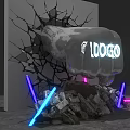 Fist Breaking Through Cracked Wall With Logo And Neon Lights Surrounding Debris