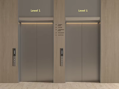 Two Modern Elevators With Level 1 Level 2 Display Control Panels And Wooden Walls 3d model