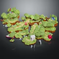 Enchanting Cartoon Scene with Green Trees Winding Paths Red Mushrooms Small House Boat Archway
