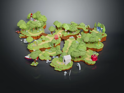Enchanting Cartoon Scene with Green Trees Winding Paths Red Mushrooms Small House Boat Archway 3d model