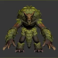 Leaf Covered Horned Fantasy Creature With Sharp Teeth Long Arms And Clawed Hands 3d model